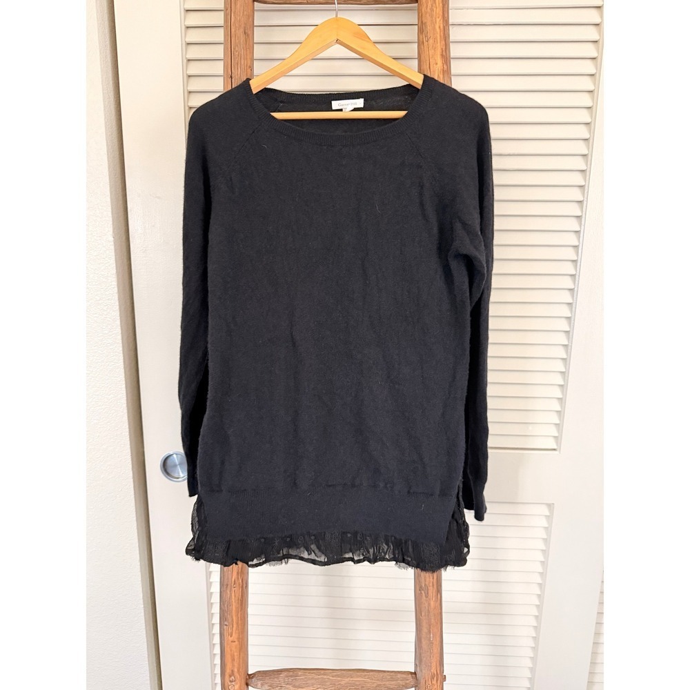 GARNET HILL Black Tunic Sweater Top with Lace Trim Detail,‎ Long Sleeve Pullover